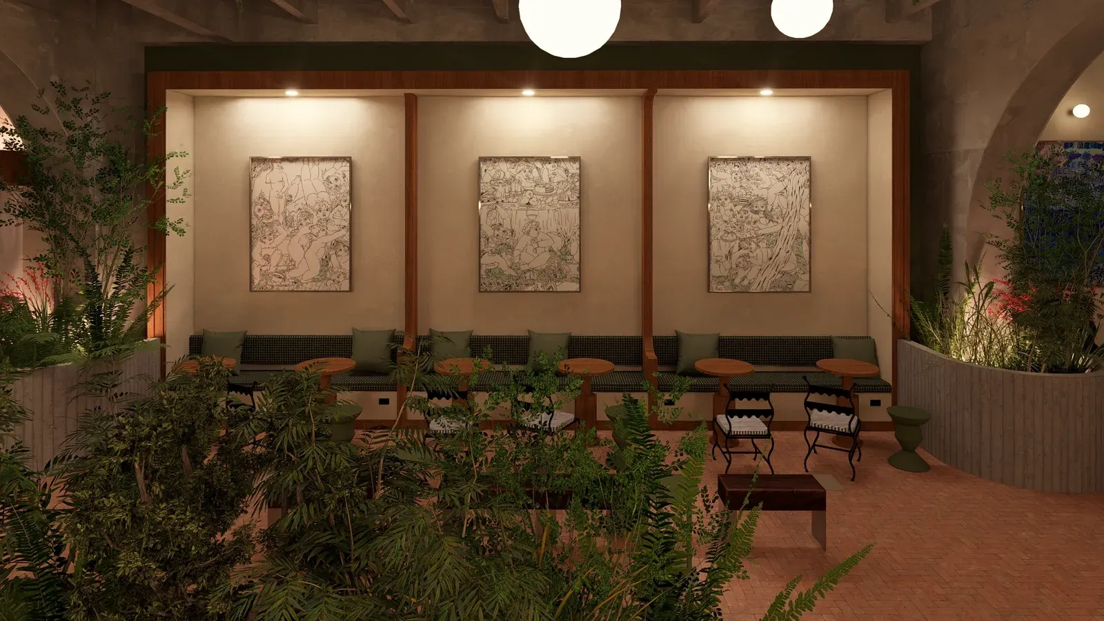 Mesas de madera y plantas en el bar del hotel
