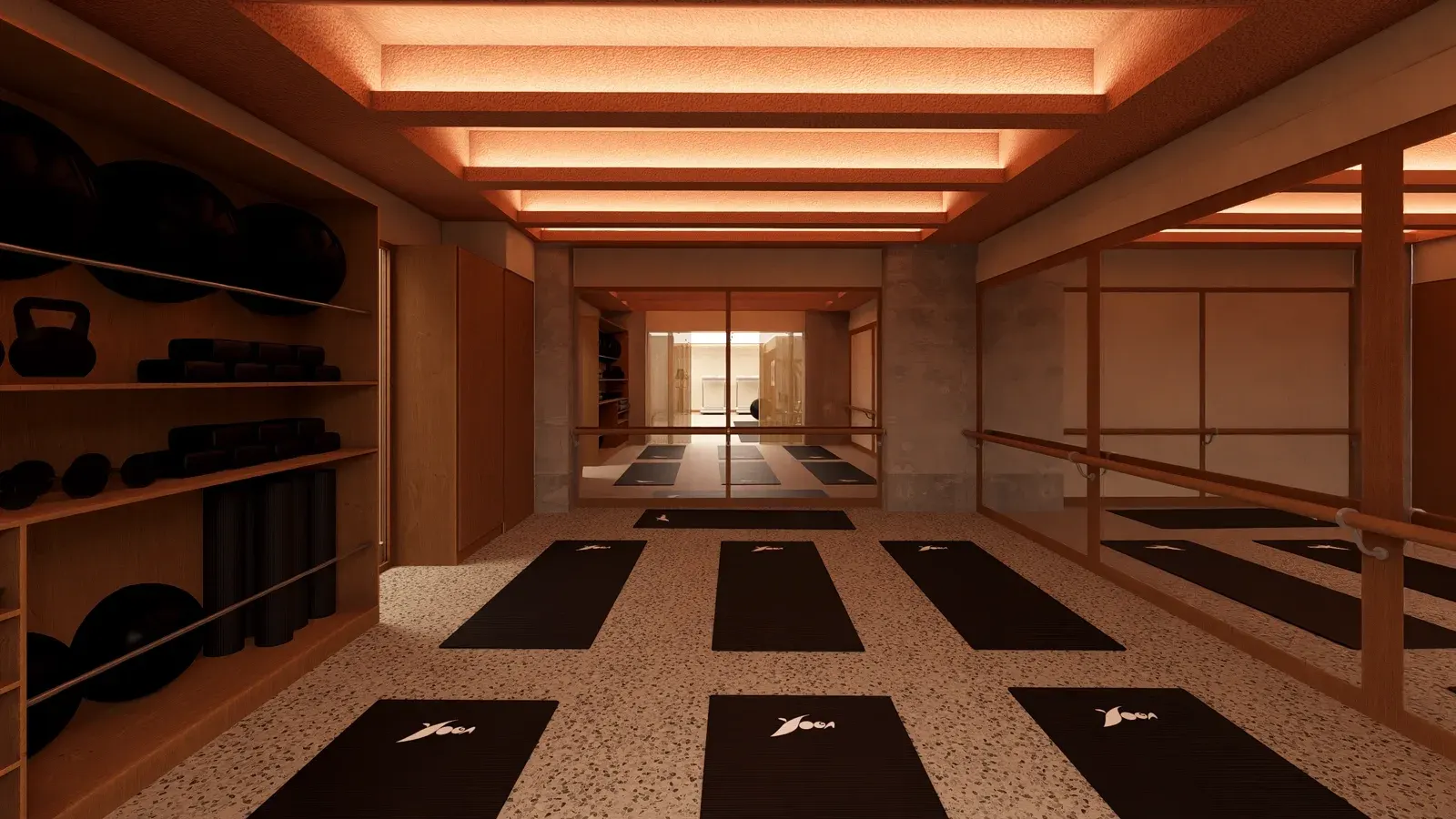 Softly lit hotel hallway