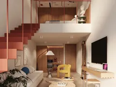 Suite Queen Duplex with a coral staircase to the upper level, living area and desk