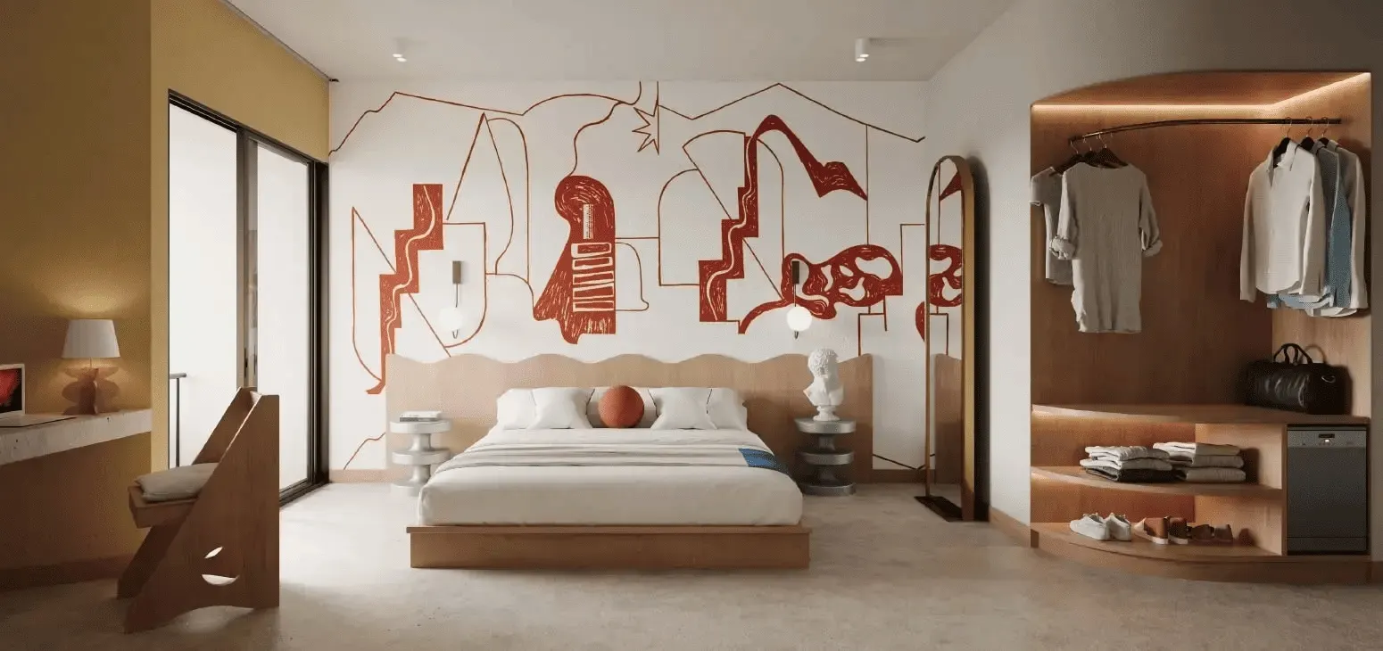 Suite King Duplex with a King bed beneath a red-line mural and an open wardrobe