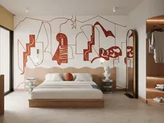 Suite King Duplex with a King bed beneath a red-line mural and an open wardrobe