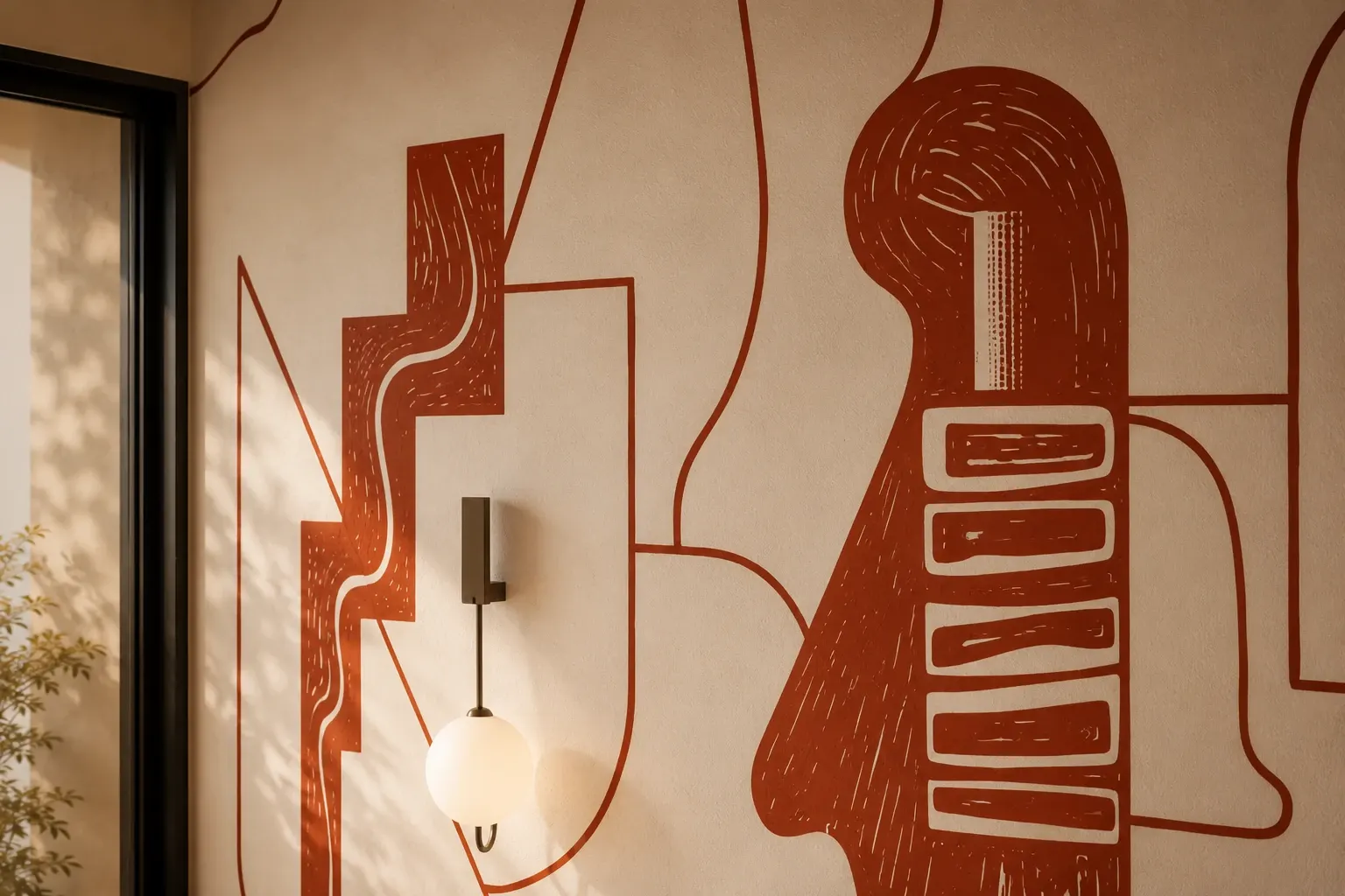 Mural of figures in shades of red