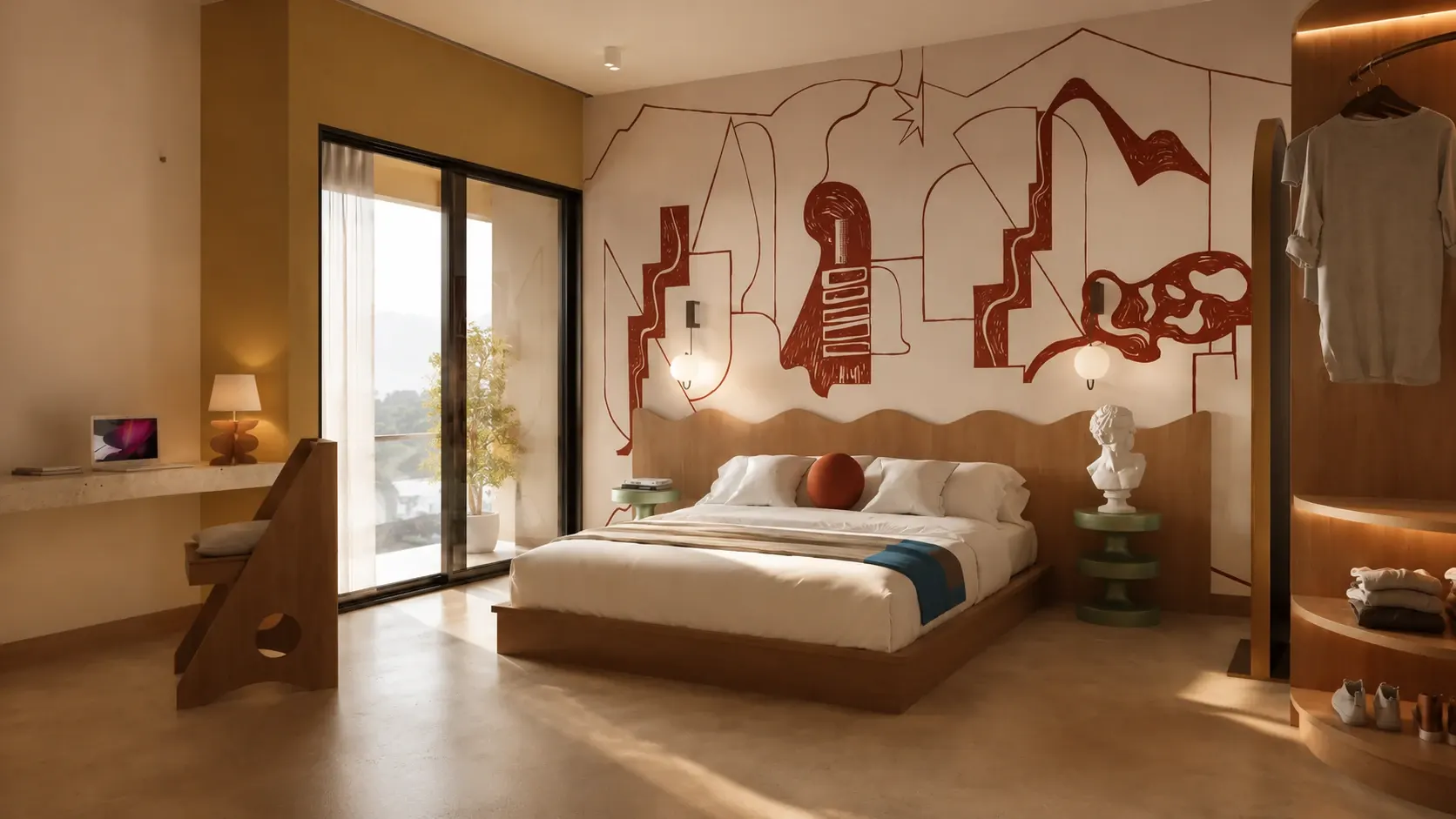 Room with a line-drawing mural above the bed